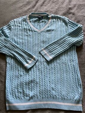 Burberry Light Blue Cable Knit V-Neck Sweater with White Trim